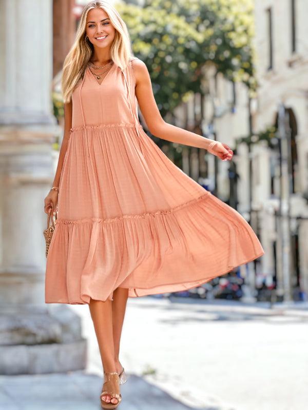 anna kaci Tie V Neck Tiered Dress