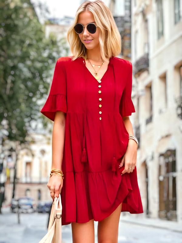 Anna Kaci V Neck Button Front Shift Dress