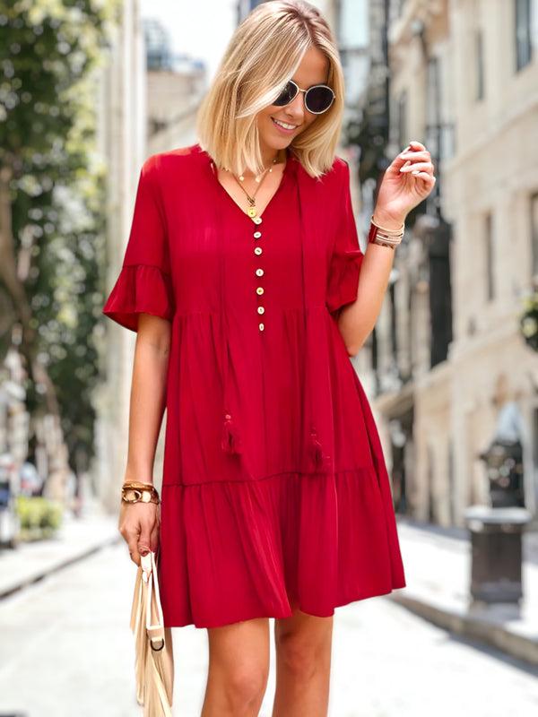 Anna Kaci V Neck Button Front Shift Dress