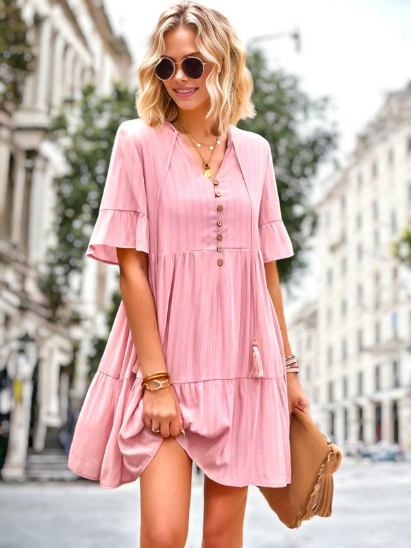 Anna Kaci V Neck Button Front Shift Dress