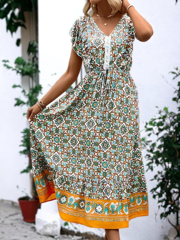 Anna Kaci V Neck Flutter Sleeve Bohemian Dress