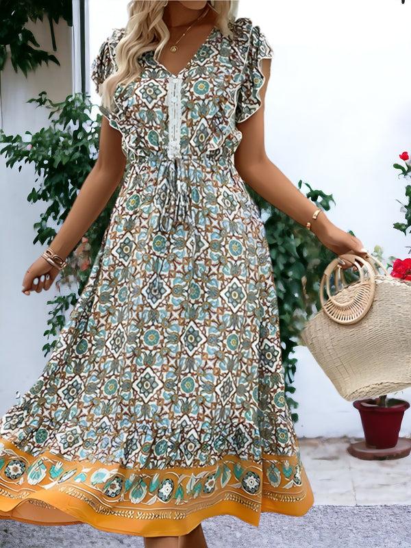 Anna Kaci V Neck Flutter Sleeve Bohemian Dress