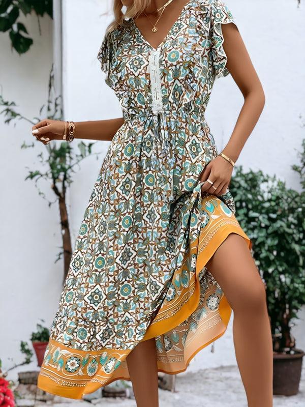 Anna Kaci V Neck Flutter Sleeve Bohemian Dress