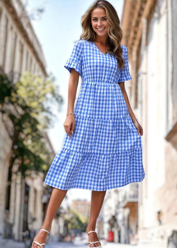 Anna Kaci V Neck Gingham Tiered Dress
