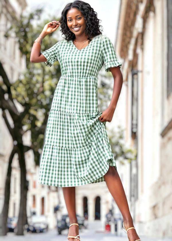 Anna Kaci V Neck Gingham Tiered Dress