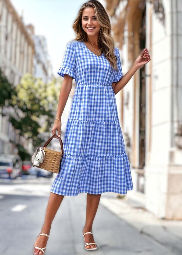 anna kaci V Neck Gingham Tiered Dress
