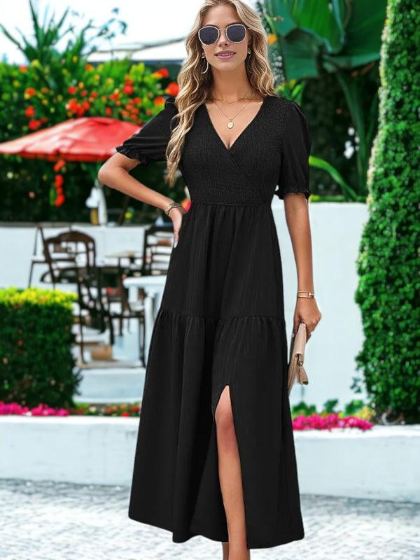 Anna Kaci V-Neck Puff Sleeved Ruffle Slit Dress