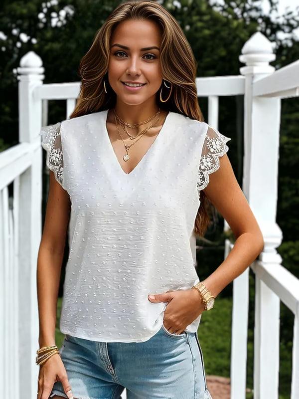 Anna Kaci V-Neck Ruffle Lace Detailed Sleeve Top