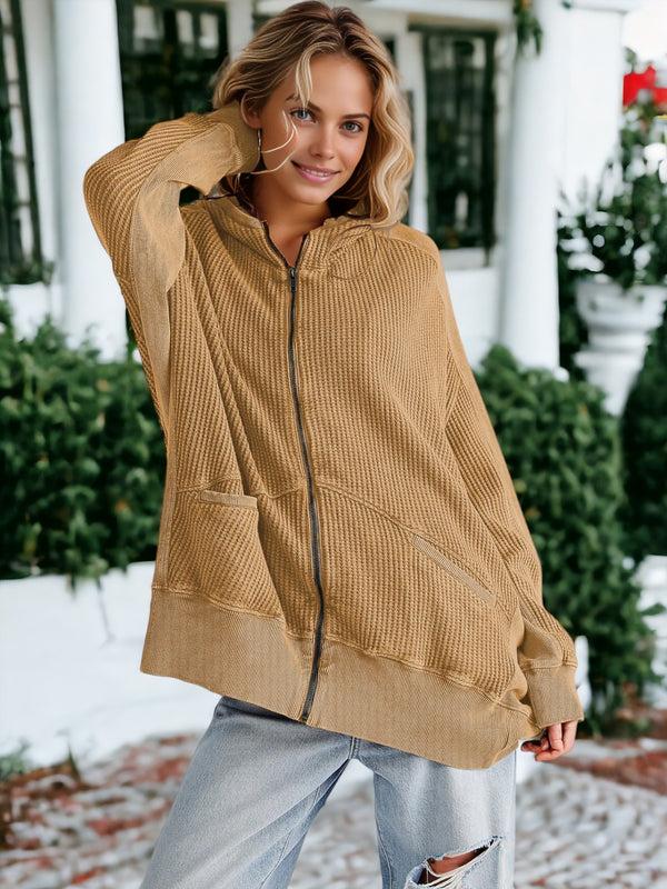 Anna Kaci Waffle Knit Textured Hooded Jacket