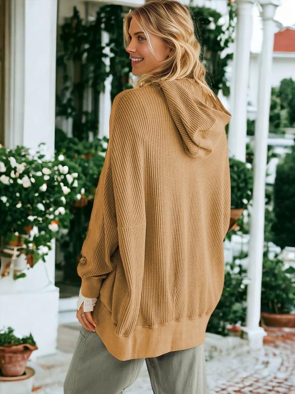 Anna Kaci Waffle Knit Textured Hooded Jacket