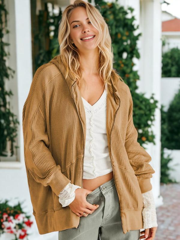 anna kaci Waffle Knit Textured Hooded Jacket