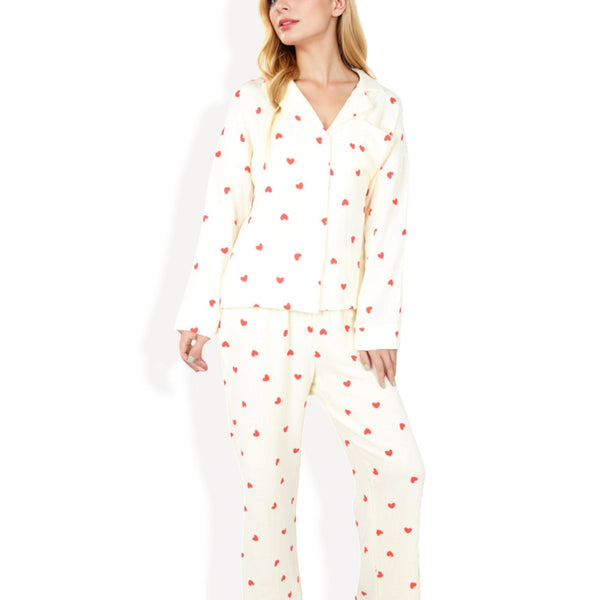 anna kaci Anna-Kaci Women's Button-Up Pajama Set with Heart Print and Notched Collar
