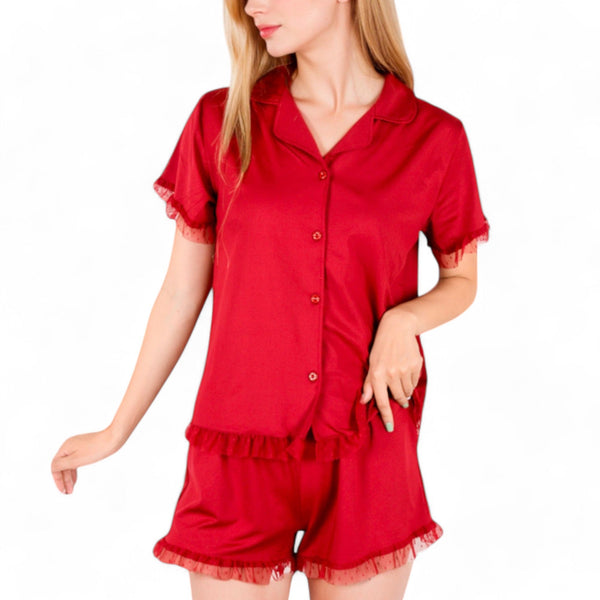 anna kaci Anna-Kaci Women's Button-Up Short Sleeve Pajama Set with Ruffled Trim and Shorts