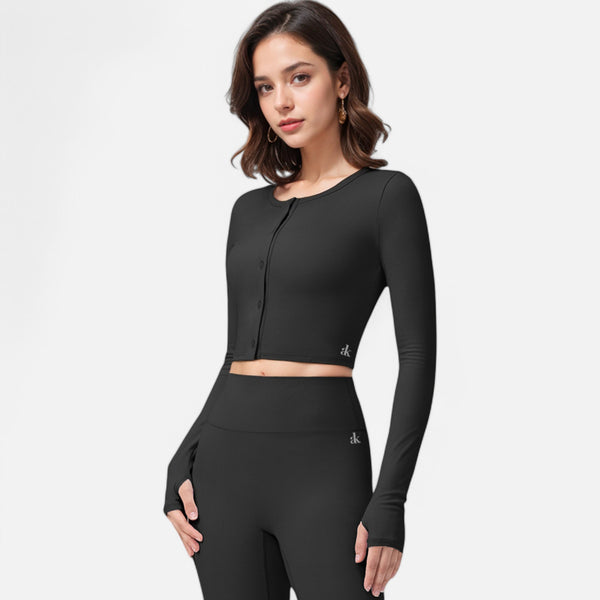 Anna Kaci Anna-Kaci Women's Cropped Button-Front Long Sleeve Top With Thumbholes