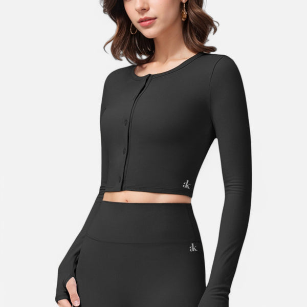 anna kaci Anna-Kaci Women's Cropped Button-Front Long Sleeve Top with Thumbholes