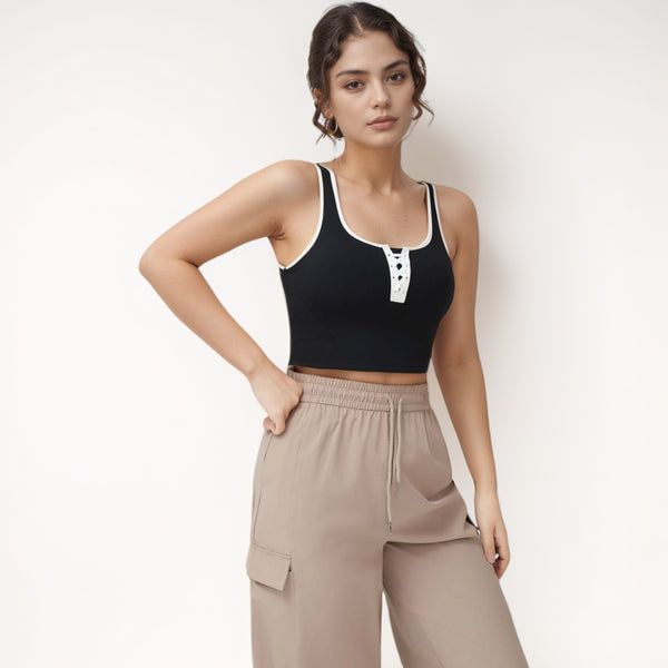 Anna Kaci Anna-Kaci Women's Cropped Tank Top With Contrast Trim And Lace-Up Front Detail