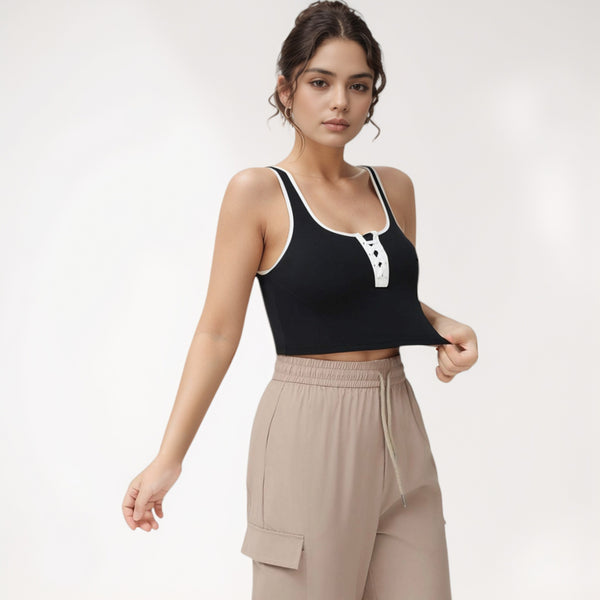 Anna Kaci Anna-Kaci Women's Cropped Tank Top With Contrast Trim And Lace-Up Front Detail