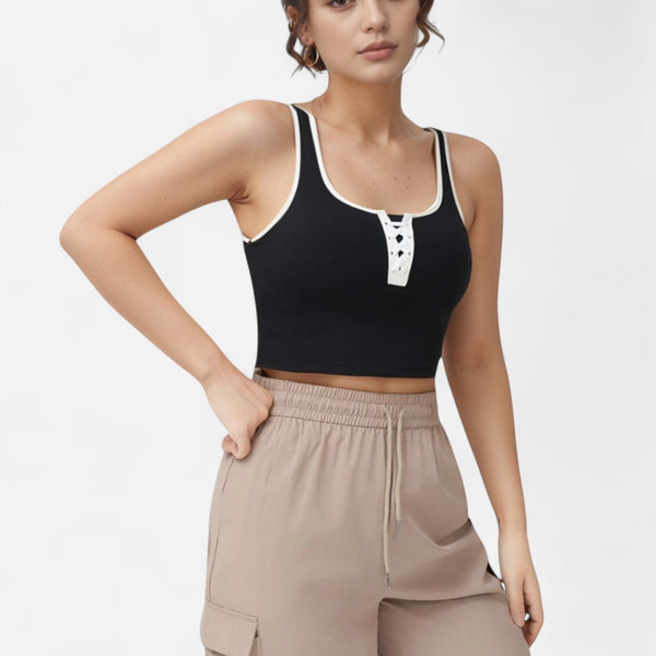 anna kaci Anna-Kaci Women's Cropped Tank Top with Contrast Trim and Lace-Up Front Detail