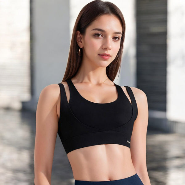 Anna Kaci Anna-Kaci Women's Double Strap Scoop Neck Sports Bra With Wide Underband