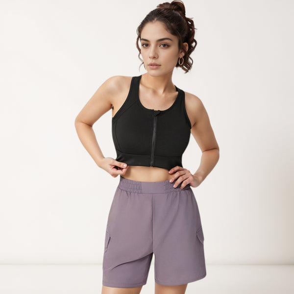 Anna Kaci Anna-Kaci Women's Front Zip Crop Sports Bra With Scoop Neckline And Wide Shoulder Straps For Medium Support