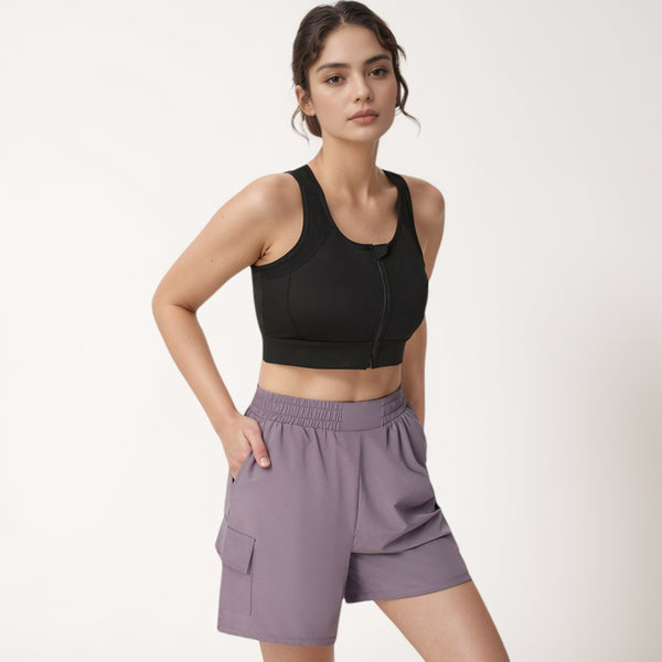 Anna Kaci Anna-Kaci Women's Front Zip Crop Sports Bra With Scoop Neckline And Wide Shoulder Straps For Medium Support