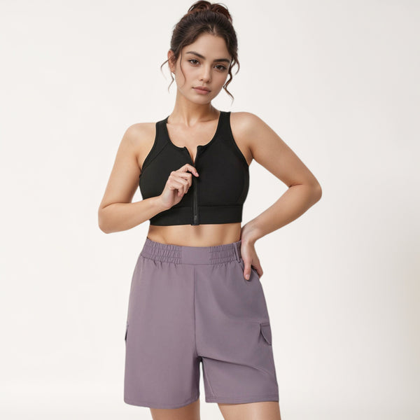 Anna Kaci Anna-Kaci Women's Front Zip Crop Sports Bra With Scoop Neckline And Wide Shoulder Straps For Medium Support