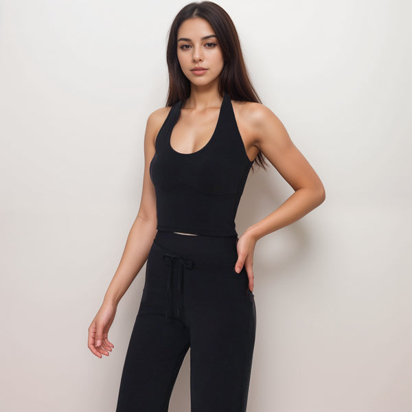 Anna Kaci Anna-Kaci Women's Halter Active Tank Top With Scoop Neckline Seamless Stretch Fit And Built-In Light Support Shelf