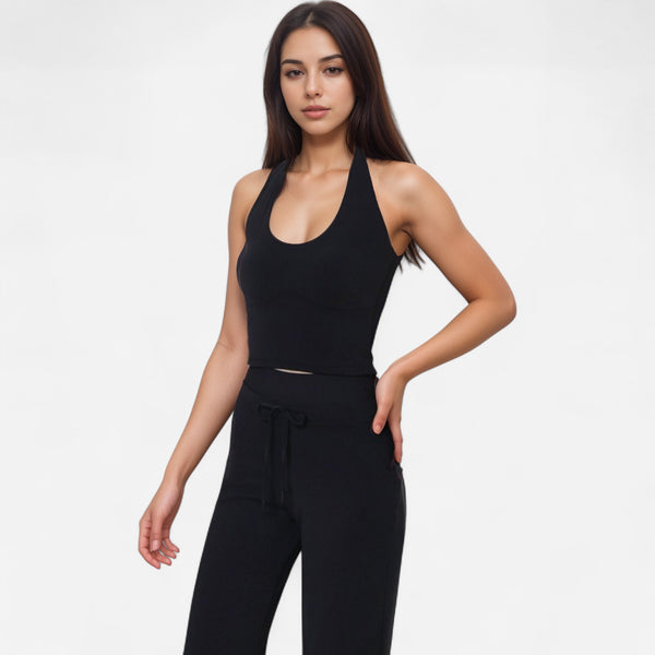 anna kaci Anna-Kaci Women's Halter Active Tank Top with Scoop Neckline Seamless Stretch Fit and Built-In Light Support Shelf