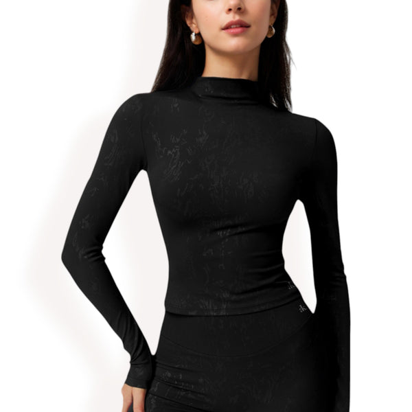 anna kaci Anna-Kaci Women's High Neck Long Sleeve Active Top with Subtle Pattern