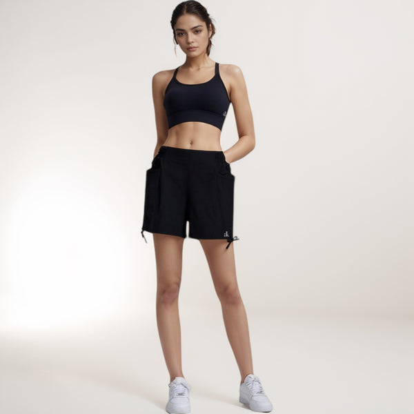 Anna Kaci Anna-Kaci Women's High Waist Active Shorts With Elastic Side Waistband Large Pockets And Adjustable Drawstring Hem