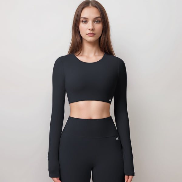 Anna Kaci Anna-Kaci Women's Long Sleeve Active Crop Top With Crew Neckline Seamless Stretch Fit And Thumbhole Cuffs For Layered Comfort