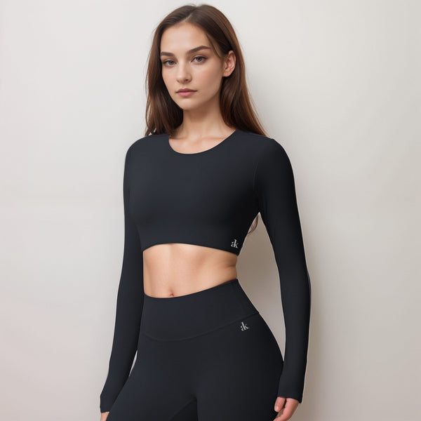 Anna Kaci Anna-Kaci Women's Long Sleeve Active Crop Top With Crew Neckline Seamless Stretch Fit And Thumbhole Cuffs For Layered Comfort