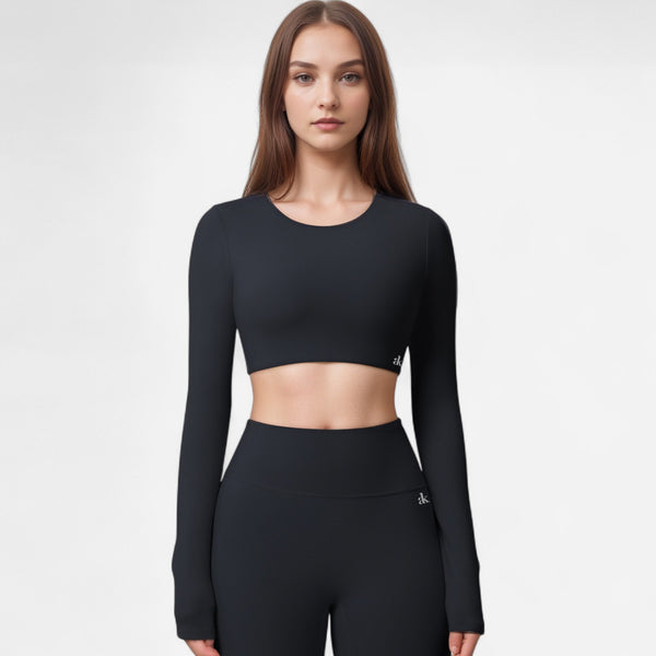 anna kaci Anna-Kaci Women's Long Sleeve Active Crop Top with Crew Neckline Seamless Stretch Fit and Thumbhole Cuffs for Layered Comfort