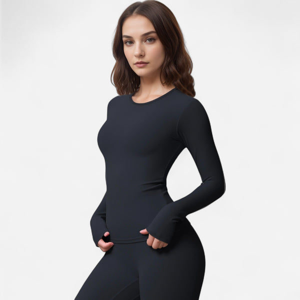 anna kaci Anna-Kaci Women's Long Sleeve Active Top with Crew Neckline Seamless Fitted Silhouette and Thumbhole Cuffs for Layered Comfort