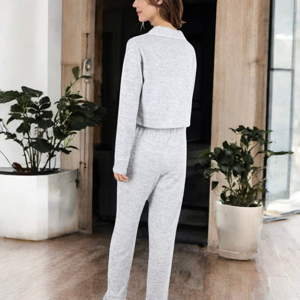 Anna Kaci Anna-Kaci Women's Long Sleeve Button-Up Pajama Set With Piped Trim Details And Relaxed Fit