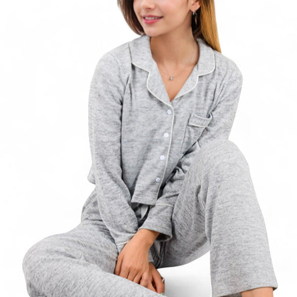 anna kaci Anna-Kaci Women's Long Sleeve Button-Up Pajama Set with Piped Trim Details and Relaxed Fit