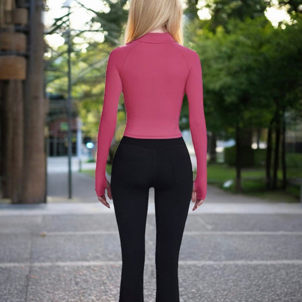 Anna Kaci Anna-Kaci Women's Long Sleeve Half-Zip Compression Top With Contour Seams