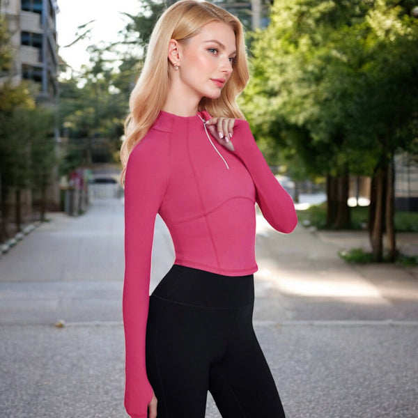 Anna Kaci Anna-Kaci Women's Long Sleeve Half-Zip Compression Top With Contour Seams