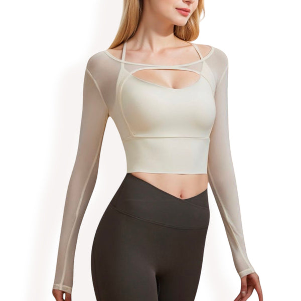 anna kaci Anna-Kaci Women's Long Sleeve Mesh Cropped Activewear Top with Cutout Detail and Sheer Sleeves