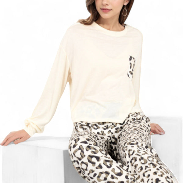 anna kaci Anna-Kaci Women's Long Sleeve Pajama Set with Leopard Print Drawstring Pants and Chest Pocket