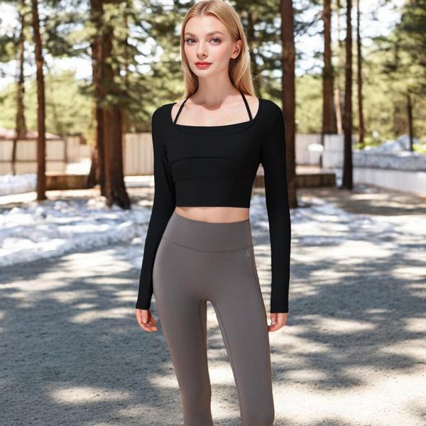 Anna Kaci Anna-Kaci Women's Long Sleeve Square Neck Cropped Activewear Top With Fitted Design