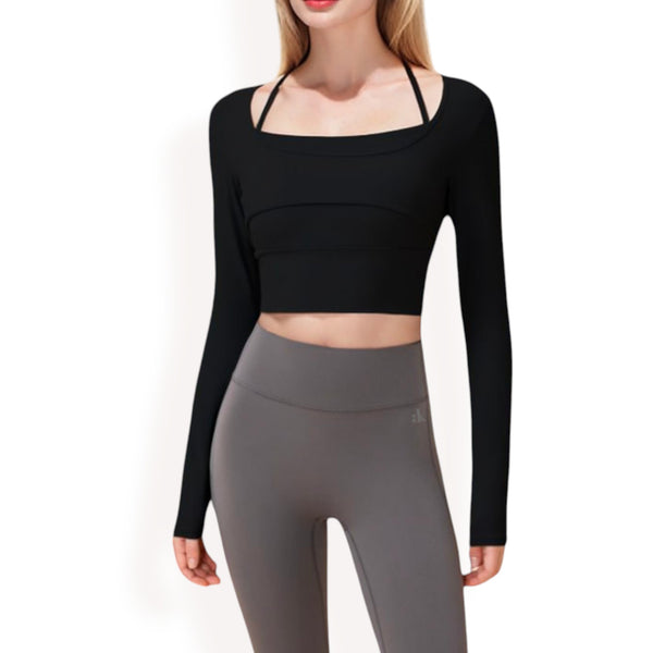 anna kaci Anna-Kaci Women's Long Sleeve Square Neck Cropped Activewear Top with Fitted Design