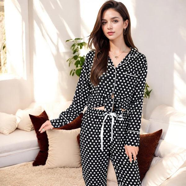 Anna Kaci Anna-Kaci Women's Polka Dot Long Sleeve Pajama Set With Button-Up Top And Drawstring Pants
