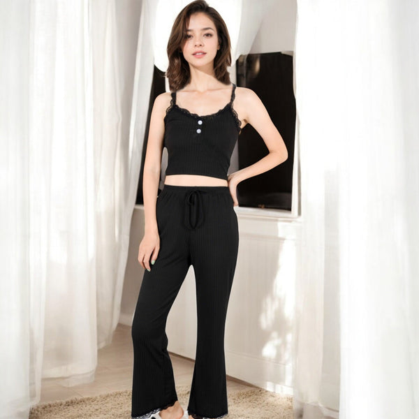 Anna Kaci Anna-Kaci Women's Ribbed Tank And Drawstring Pants Lounge Set With Lace Trim