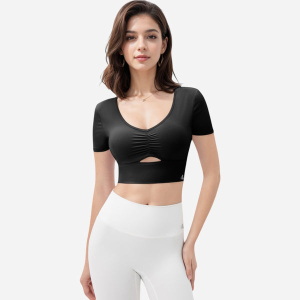Anna Kaci Anna-Kaci Women's Ruched Cutout Crop Top With Short Sleeves