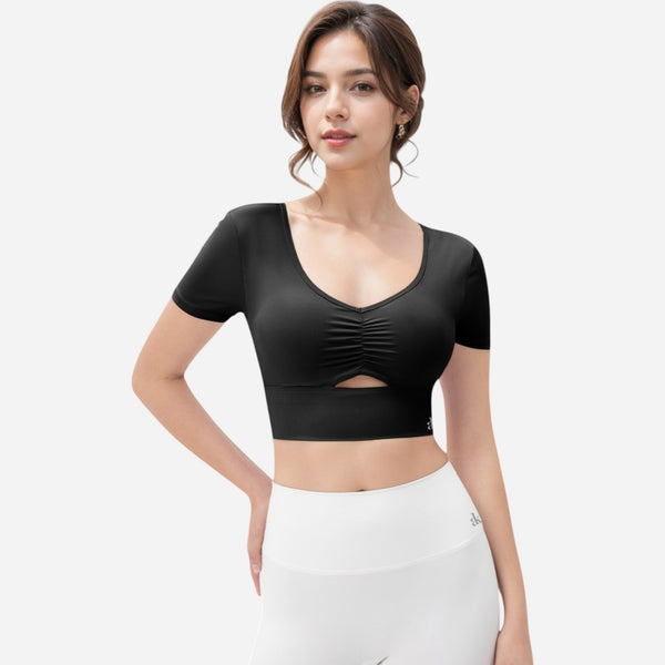 Anna Kaci Anna-Kaci Women's Ruched Cutout Crop Top With Short Sleeves