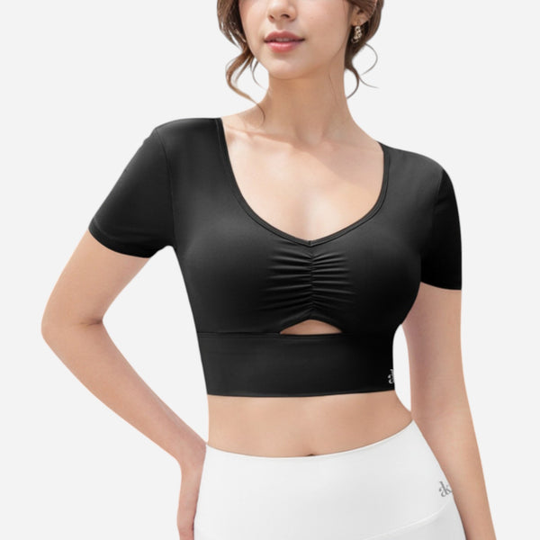 anna kaci Anna-Kaci Women's Ruched Cutout Crop Top with Short Sleeves