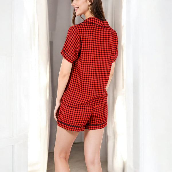 Anna Kaci Anna-Kaci Women's Short Sleeve Button-Up Plaid Pajama Set With Drawstring Shorts