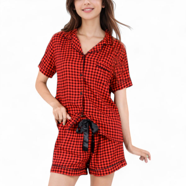 anna kaci Anna-Kaci Women's Short Sleeve Button-Up Plaid Pajama Set with Drawstring Shorts