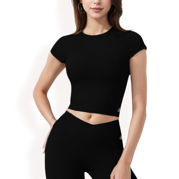 anna kaci Anna-Kaci Women's Short Sleeve Cropped Activewear Top with Fitted Silhouette